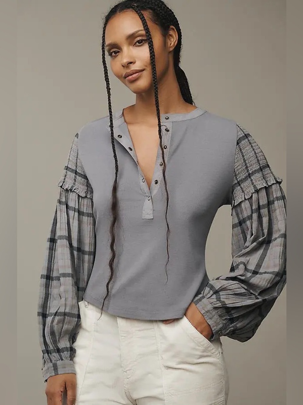 NWT - Pilcro The Andie Ribbed Henley Top in Denim - Size M